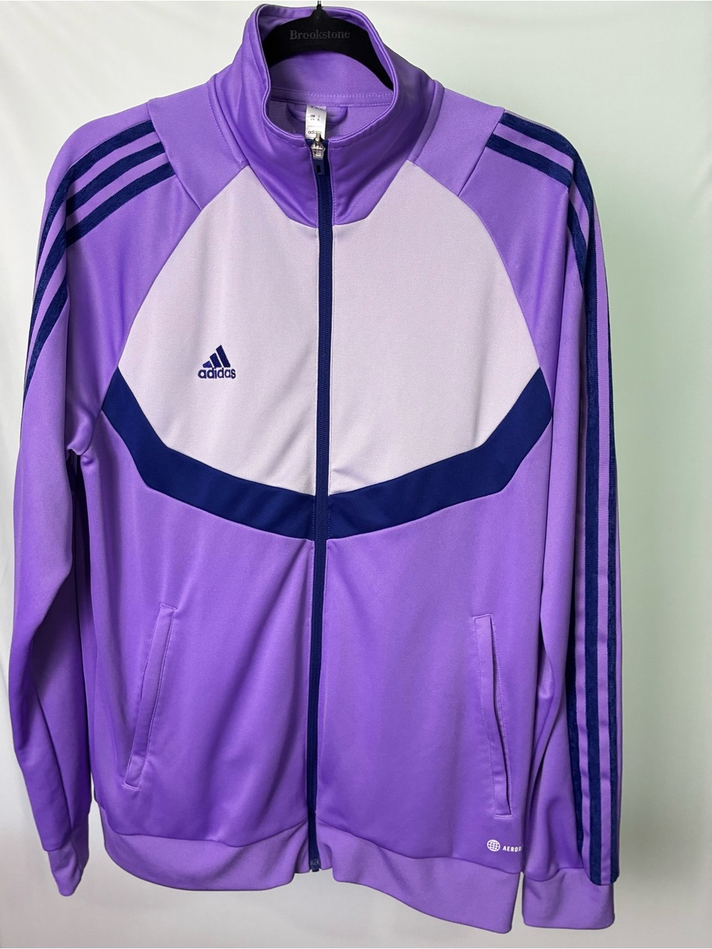Adidas Aeroready Women’s XL Purple White Navy Full Zip Track Jacket 3 Stripe